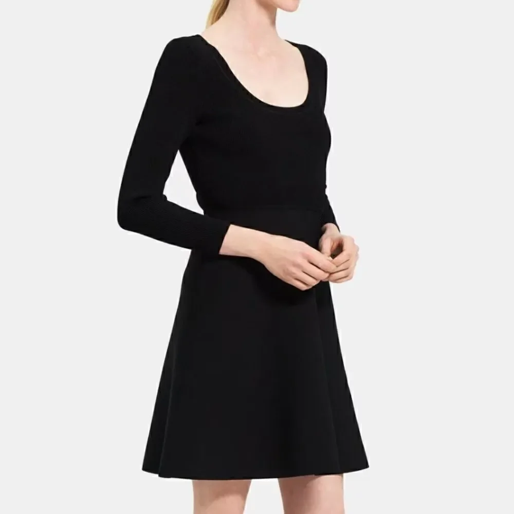 Theory Black Fit & Flare Dress 3/4 Sleeve Scoop Neck Knit Mini Size 2